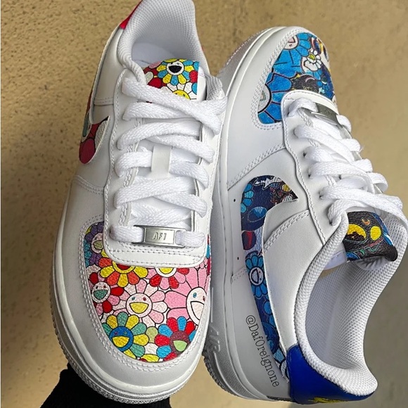Mens & GS Sizes Custom AF1Takashi Murakami Flower Leather White Air Force 1s